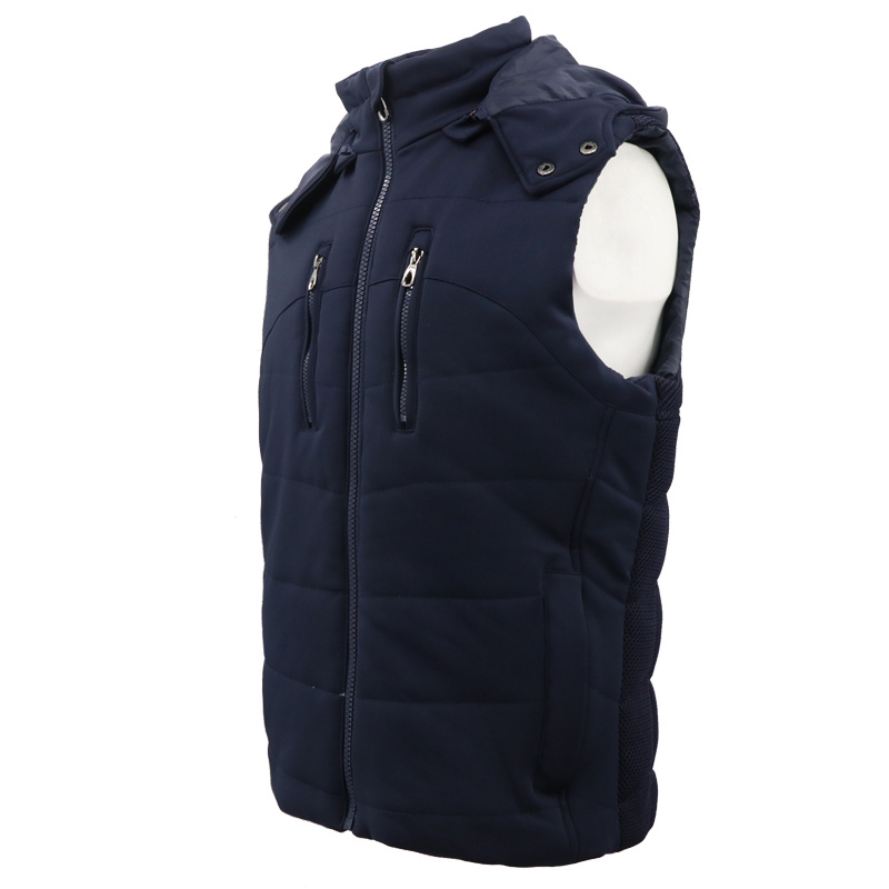 Navy Padded Cotton Motorcycle Vest Polyester Golf Outdoor Winter Down Detachable Fleece Hood Jacket Without Sleeves Blue Color Sleeveless for Men OEM