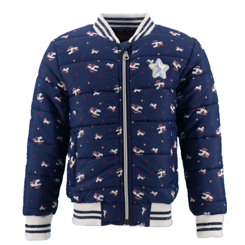Baby Cotton Padded Down Winter Wholesale Windbreaker Waterproof Children Custom Fashion Designer Navy Unicorn Print Color Warm Bomber Jacket Coat of Girl Kids