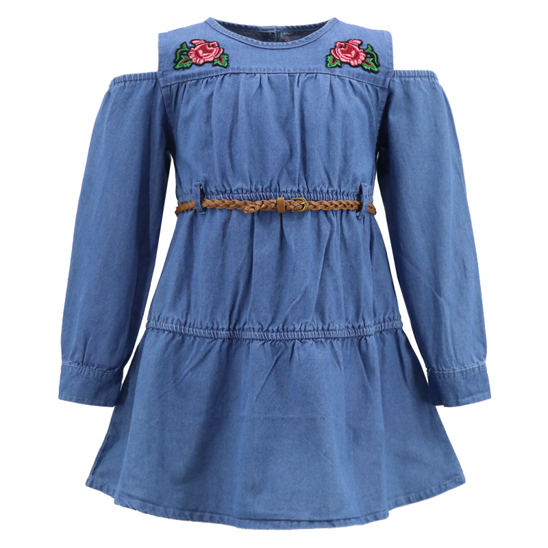 Manufacturing Custom Logo Cheap Children Casual Latest Hot Style Skirt Cotton Flower Blue Sexy Denim Jean Long Sleeve Mini Shirt Dress Autumn for Young Girl