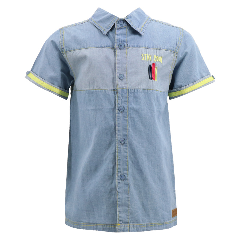 OEM Cheap Low Price Summer Korean Light Blue Color Block Patchwork Washed Denim Kids Jean Jacket Dress Shirt for Boys Child Children