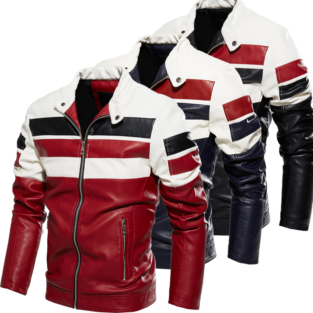 Men's Black Red Write Bomber Vintage Leather Jacket PU Coat Men Winter Warm Vest