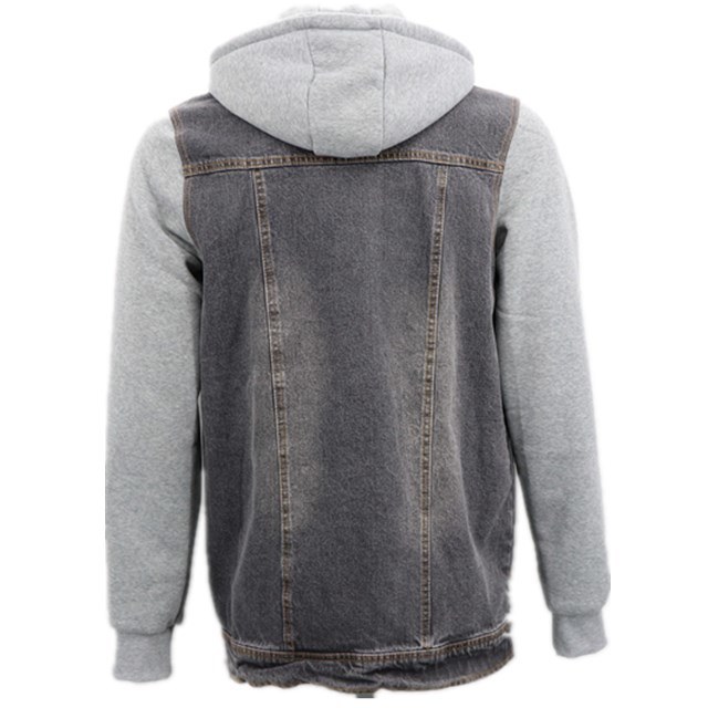 Utility Light Grey Moletom High Quality Plain Wholesale Korean Logo Black Brushed Denim Jacket for Warm Men Cotton Jean with Fleece Detachable Hood