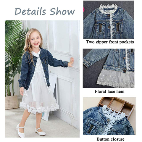 Girls Lace Denim Jean Jacket Kids Toddler Button Cowboy Coat Top Outwear Overcoat