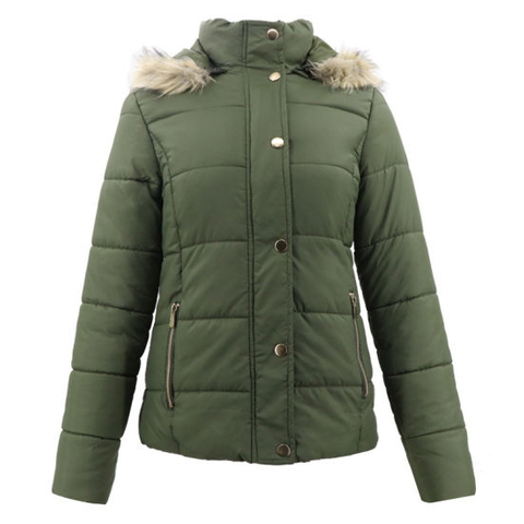 Winter Jacket Women Faux Fur Collar Long Sleeve Coat Autumn Casual Green Plain Hoody Long Puffer Jacket Women