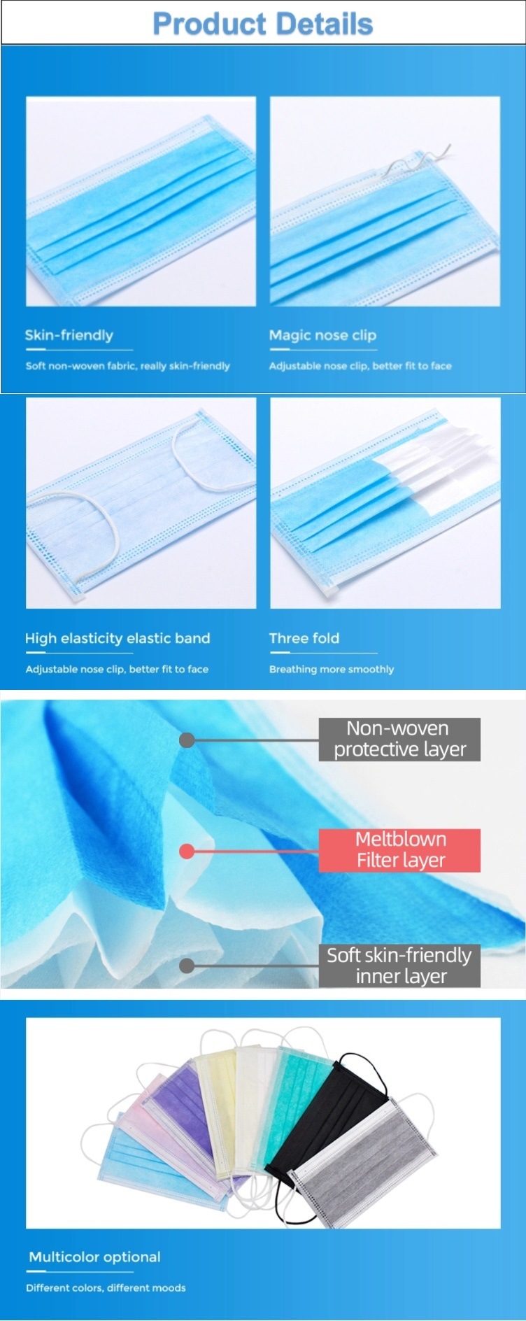 Approved Designer High Quality 3 Ply Colored Earloop Non Woven Air Pollution Protection Disposable Breathable Civil Mouth Face Mask Supplier