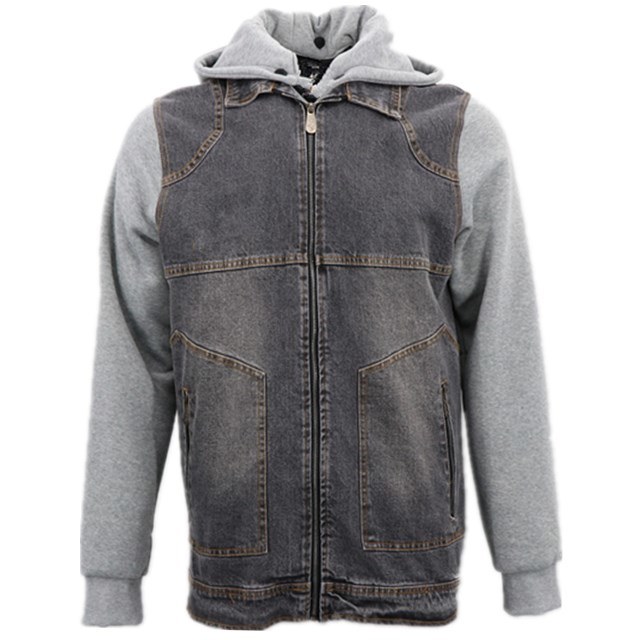 Utility Light Grey Moletom High Quality Plain Wholesale Korean Logo Black Brushed Denim Jacket for Warm Men Cotton Jean with Fleece Detachable Hood