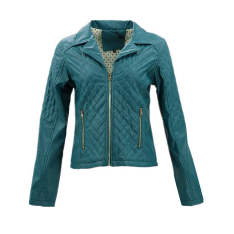 Korean PU Real Leather Genuine Biker Green Motorcycle Jacket for Women
