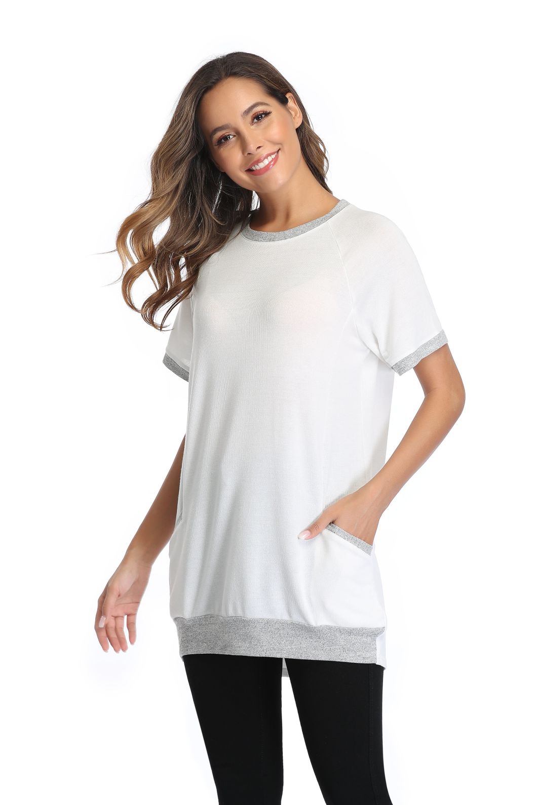 Korean OEM New Design Apparel Black Blank Plain Crew Neck Oversized Women Long T Shirt Cotton
