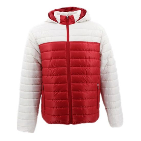 Winter Quality Work Wear Varsity Warm and Comfortable Outdoor Fashion Half White Padded Puffer Jacket for Men Red Down Water Proof Custom Wholesale Clothing