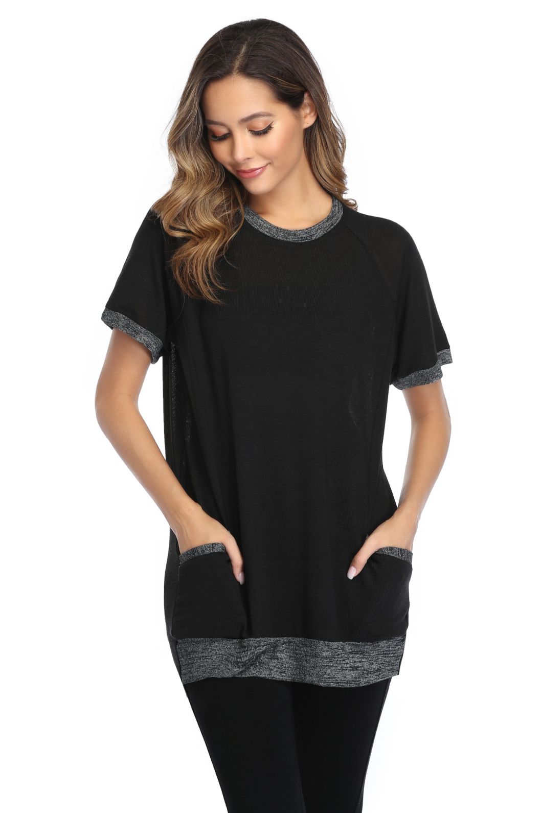 Korean OEM New Design Apparel Black Blank Plain Crew Neck Oversized Women Long T Shirt Cotton