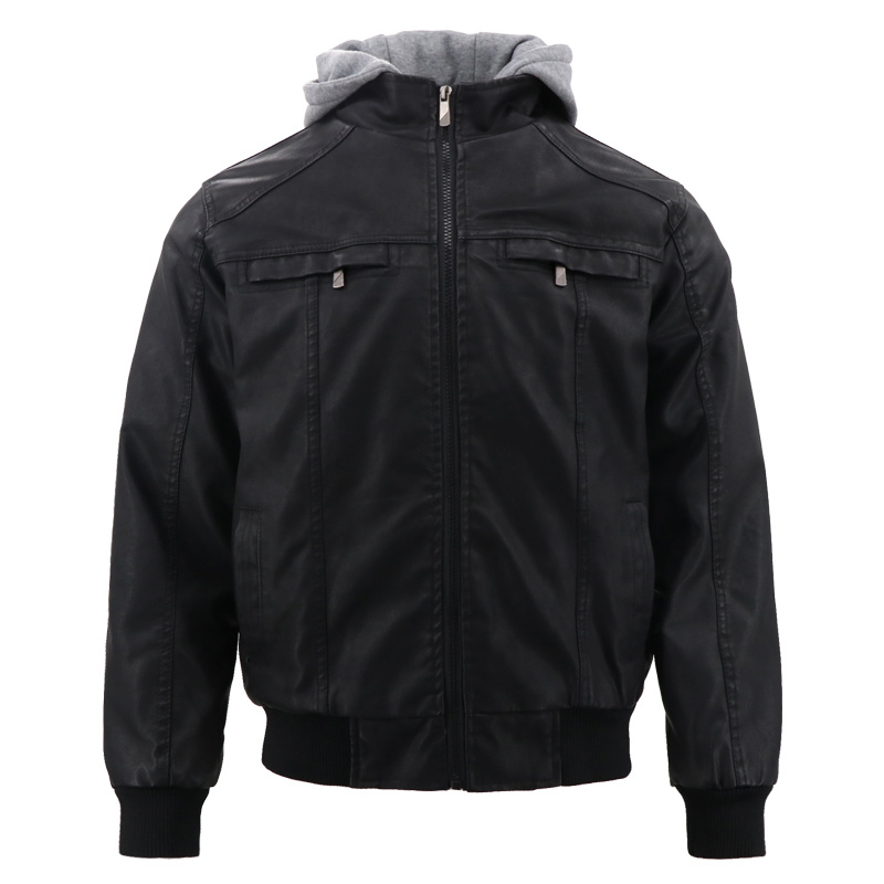 Latest Design Fleece Hood Streetwear Genuine Winter Fashion Sports Motorcycle Black PU Natural Leather Suit Jacket China Brand with Fur for Men Winter Wholesale