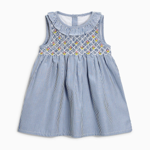 Kids Light Blue Striped Girls 2-7yrs Short-Sleeved Cotton Woven Smock Dresses