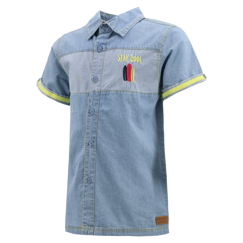 OEM Cheap Low Price Summer Korean Light Blue Color Block Patchwork Washed Denim Kids Jean Jacket Dress Shirt for Boys Child Children