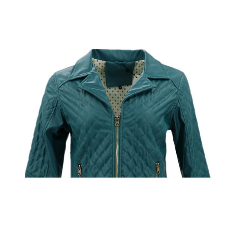 Korean PU Real Leather Genuine Biker Green Motorcycle Jacket for Women