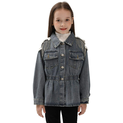 Fashion Jean Jacket for Girls Kids & Toddler with Flower on Shoulder Denim Jacket & Coats Children Outerwear