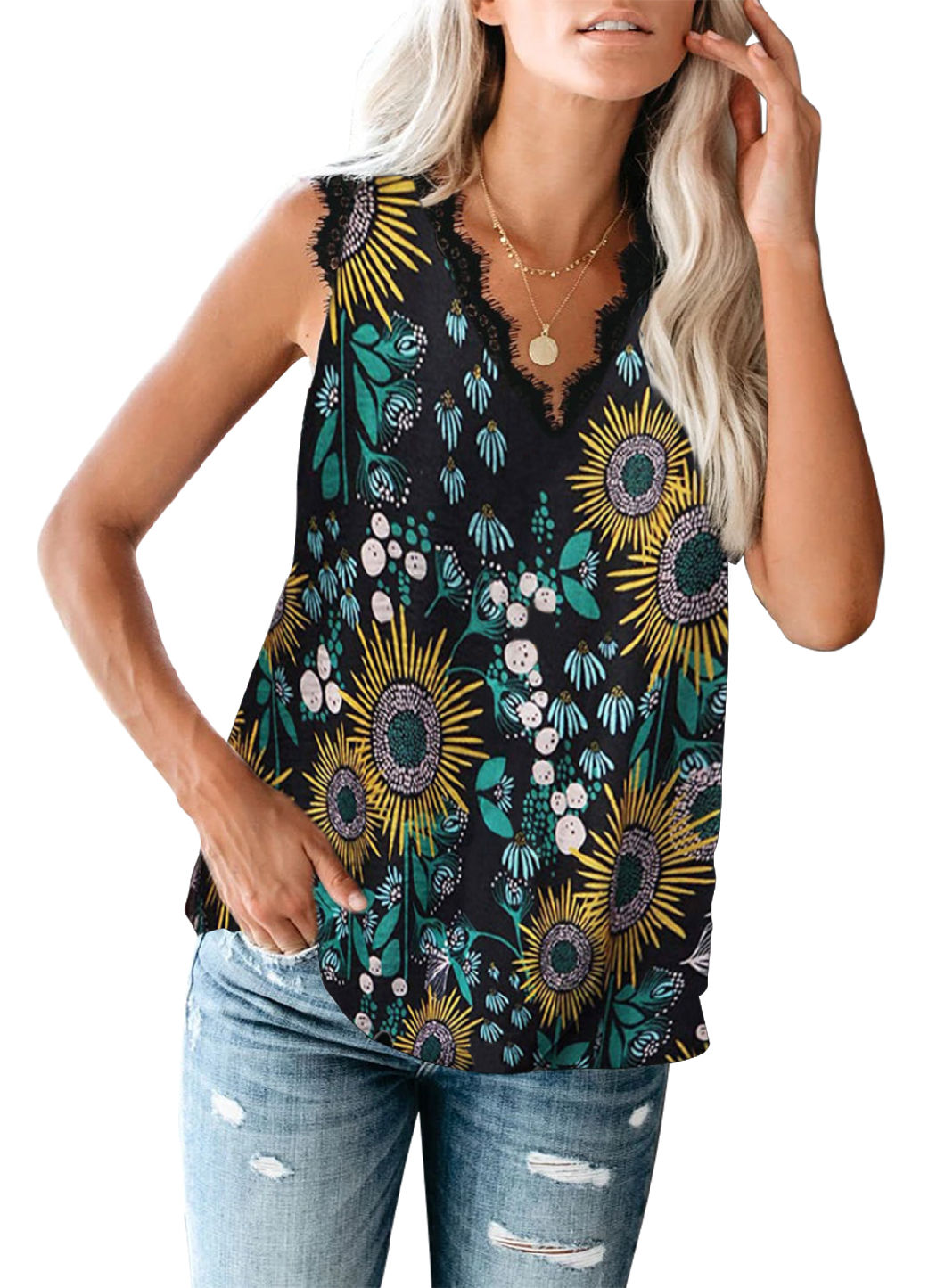 Sublimation Women Polyester Black Loose Long Fitting Floral Plain Yoga V Neck Tank Top
