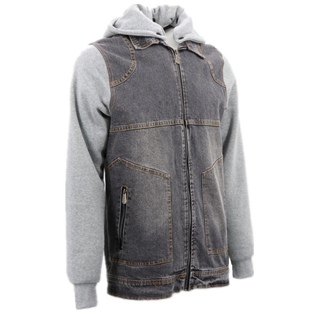 Utility Light Grey Moletom High Quality Plain Wholesale Korean Logo Black Brushed Denim Jacket for Warm Men Cotton Jean with Fleece Detachable Hood