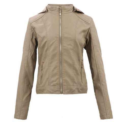 Women′s Fashion Faux Leather Genuine Eco Custom Winter Look Hooded Jacket