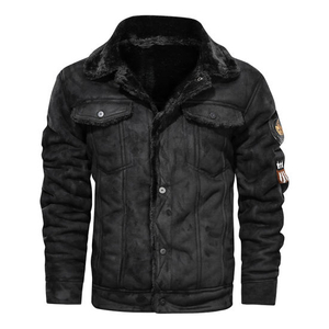 New Fashion Classic Black Mens Leather Fur Winter Jacket with Patches