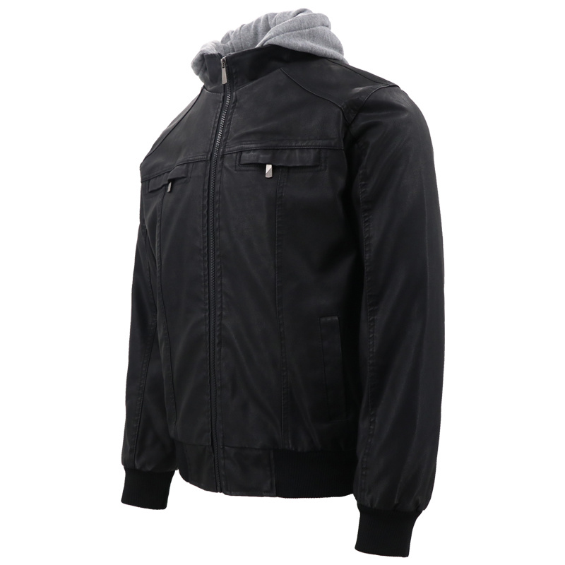 Latest Design Fleece Hood Streetwear Genuine Winter Fashion Sports Motorcycle Black PU Natural Leather Suit Jacket China Brand with Fur for Men Winter Wholesale