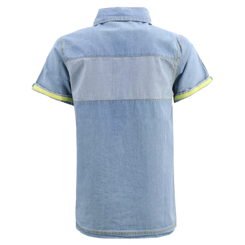OEM Cheap Low Price Summer Korean Light Blue Color Block Patchwork Washed Denim Kids Jean Jacket Dress Shirt for Boys Child Children